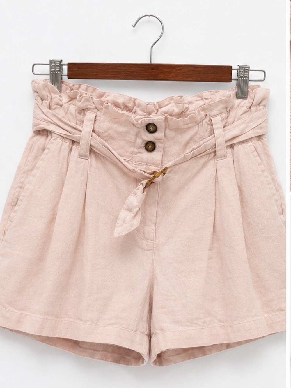 High-Waist Paperbag Shorts with Tie Belt - Blush Pink